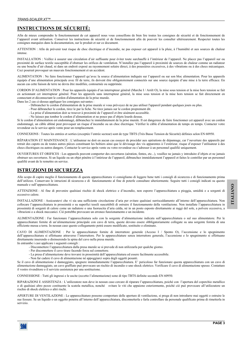 Instructions de sécurité, Istruzioni di sicurezza | Analog Way Trans-Scaler XT - TSC550 User Manual | Page 3 / 26