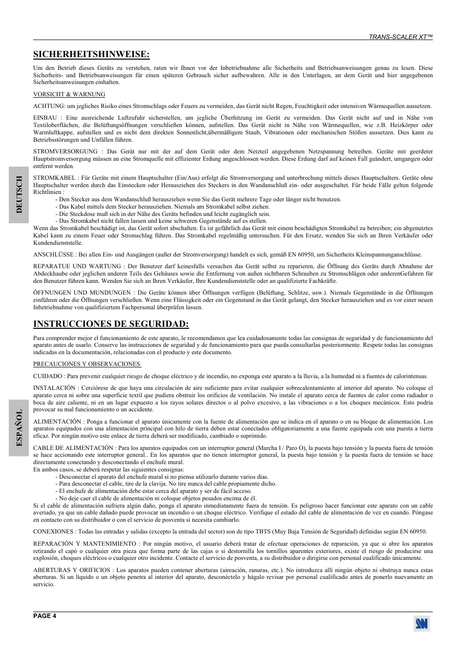 Sicherheitshinweise, Instrucciones de seguridad | Analog Way Trans-Scaler XT - TSC550 User Manual | Page 4 / 26