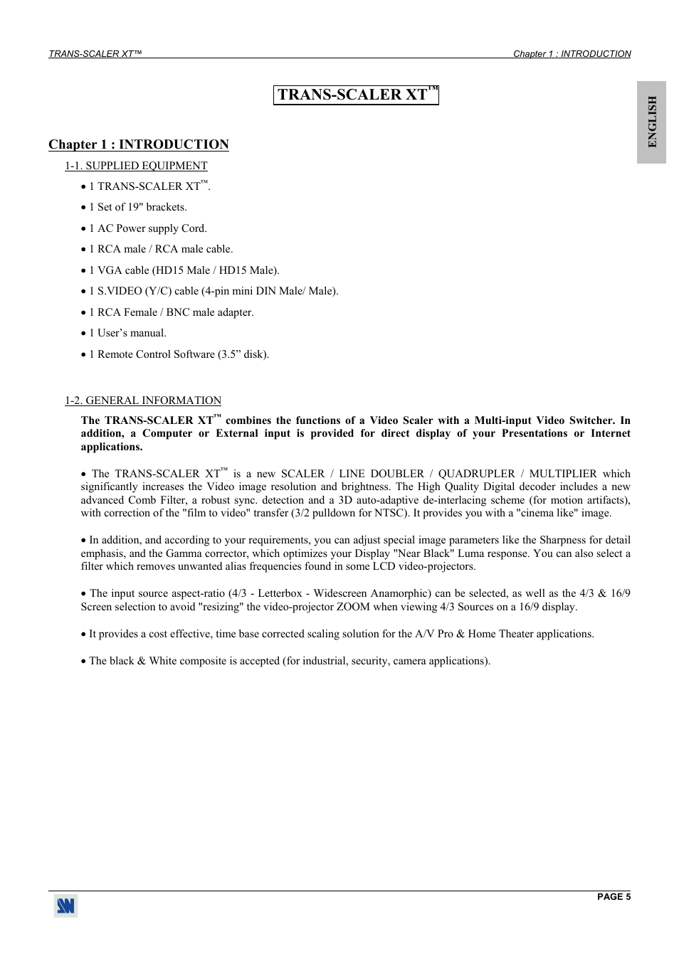 Introduction, Supplied equipment, General information | Trans-scaler xt, Chapter 1 : introduction | Analog Way Trans-Scaler XT - TSC550 User Manual | Page 5 / 26