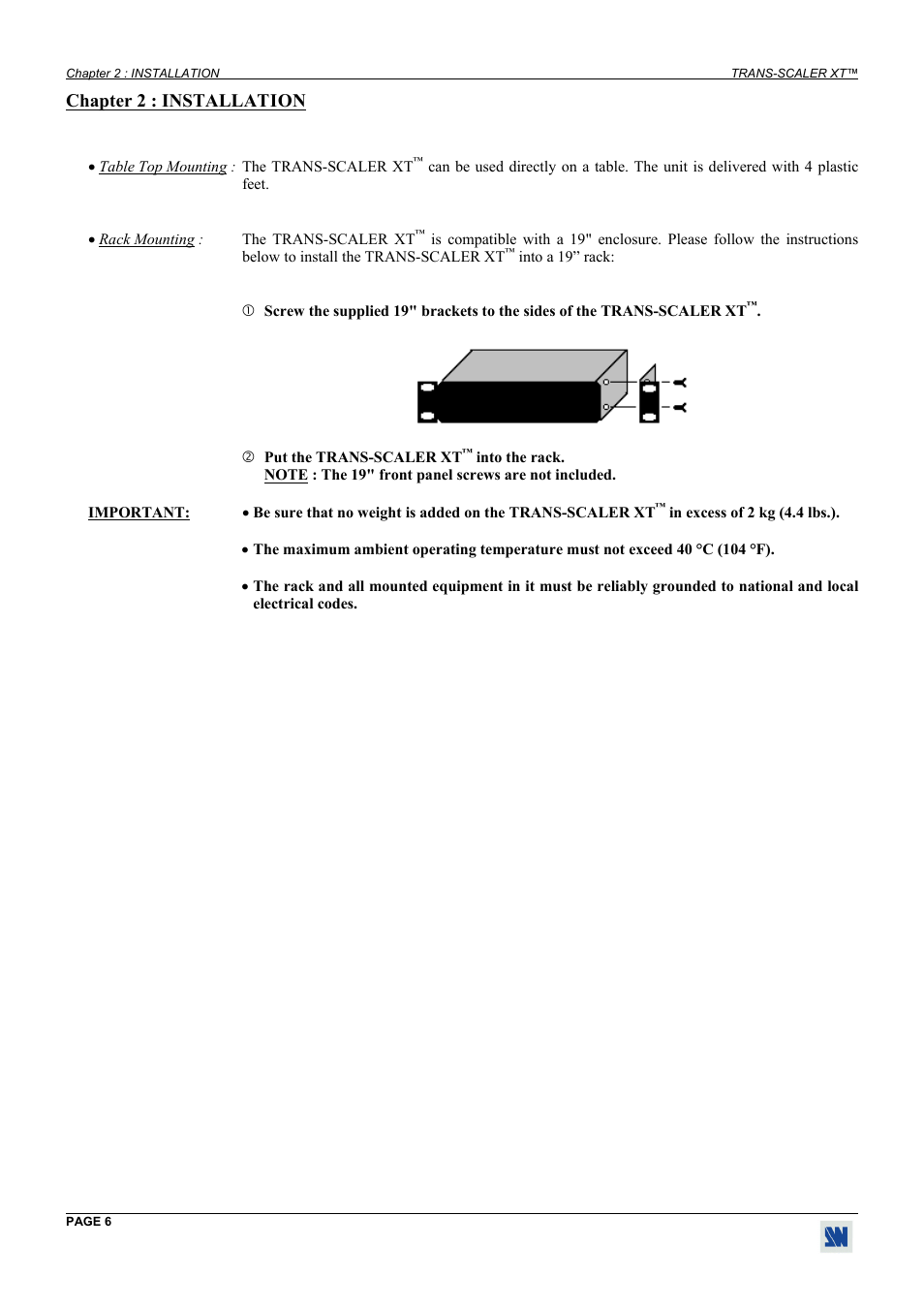 Installation, Chapter 2 : installation | Analog Way Trans-Scaler XT - TSC550 User Manual | Page 6 / 26