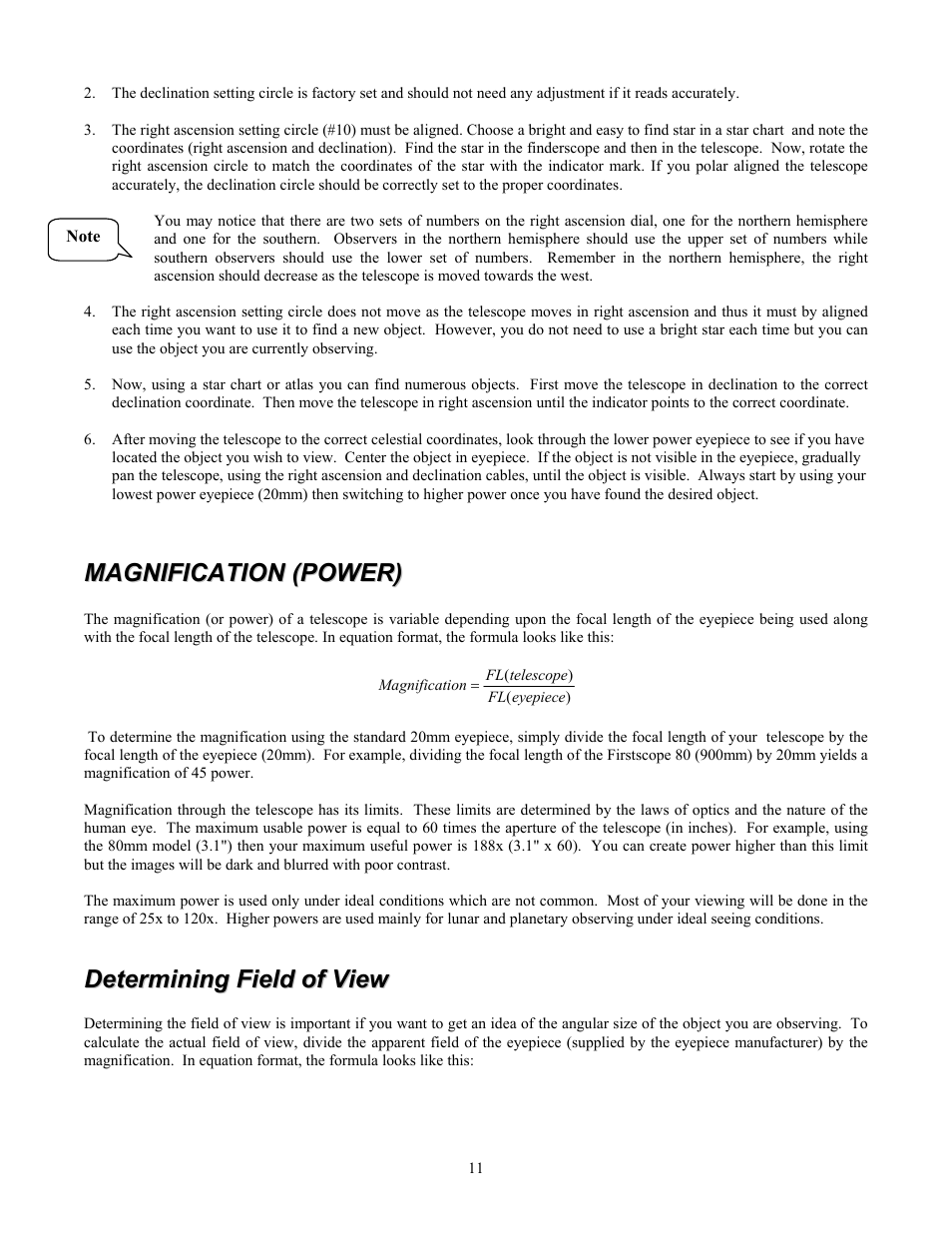 Magnification (power), Determining field of view | Celestron Ultima 80 User Manual | Page 11 / 19