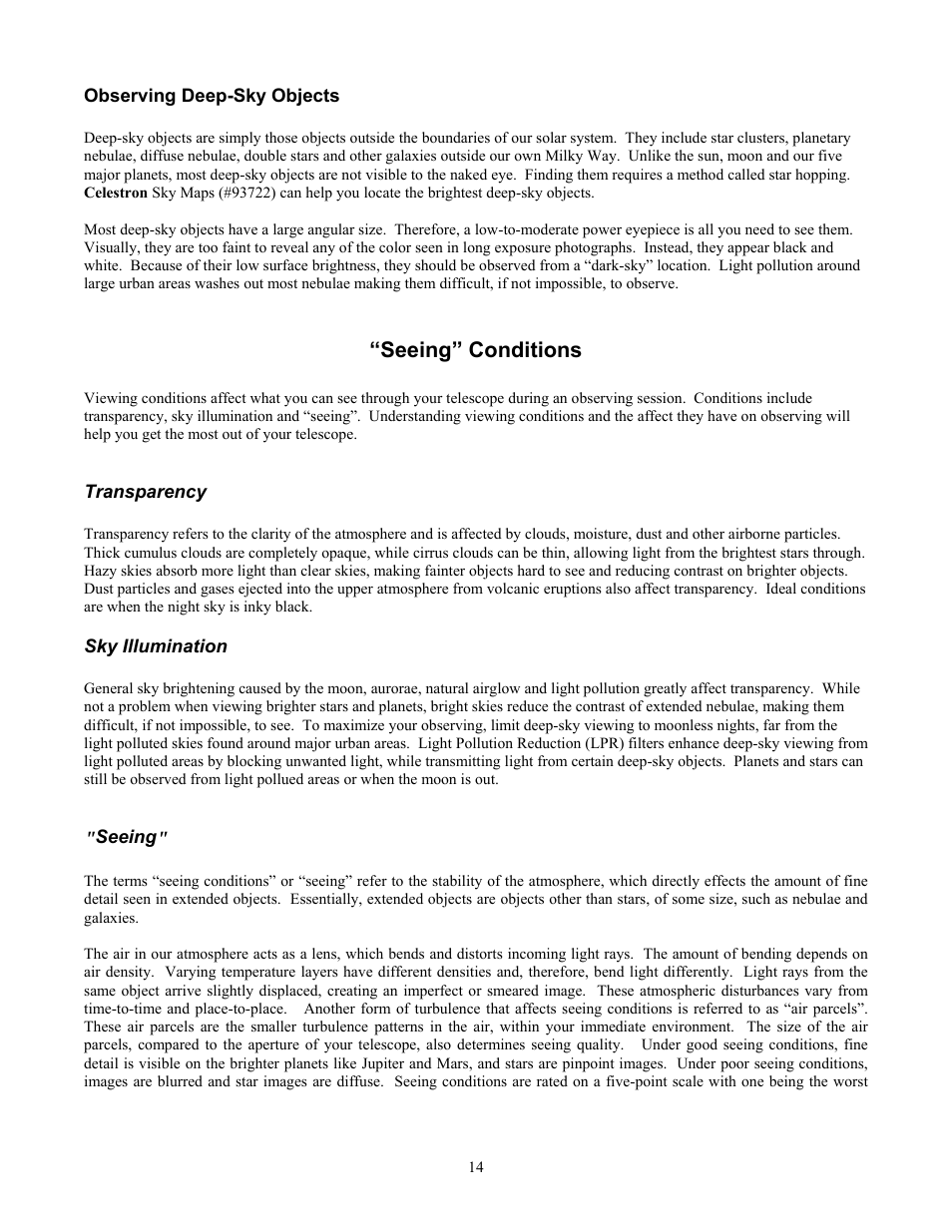 Observing deep-sky objects, Seeing” conditions, Transparency | Sky illumination, Seeing | Celestron Ultima 80 User Manual | Page 14 / 19