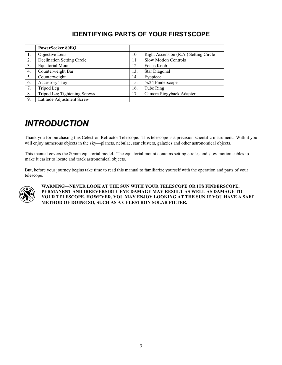 Identifying parts of your firstscope, Introduction | Celestron Ultima 80 User Manual | Page 3 / 19