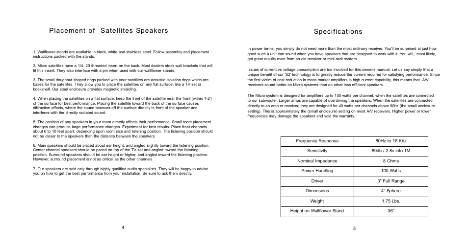 Specifications, Placement of satellites speakers | Anthony Gallo Nucleus Micro User Manual | Page 6 / 6