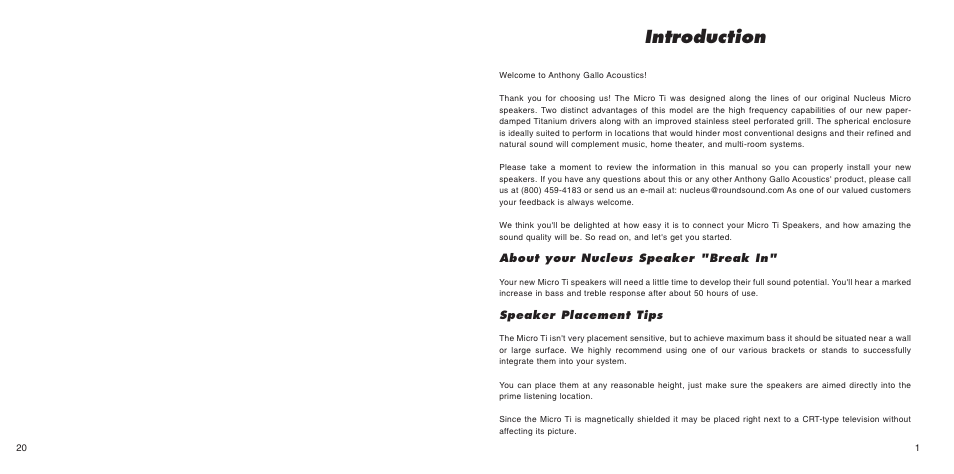 Introduction, About your nucleus speaker "break in, Speaker placement tips | Anthony Gallo Nucleus Micro Ti User Manual | Page 3 / 12