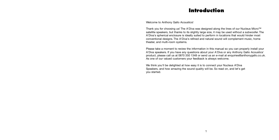 Introduction | Anthony Gallo A'Diva User Manual | Page 3 / 6