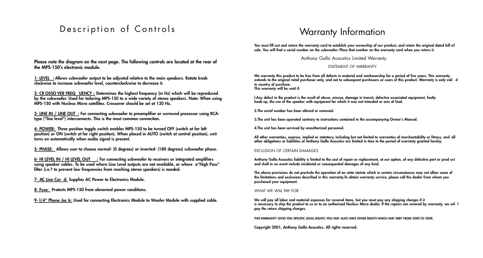 Warranty information | Anthony Gallo MPS-150 Subwoofer User Manual | Page 4 / 6