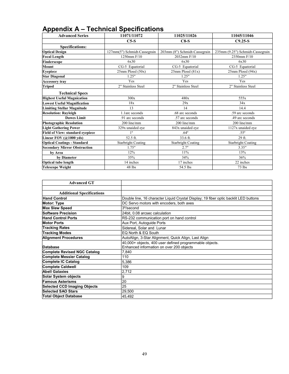 Appendix a – technical specifications | Celestron C8-S User Manual | Page 49 / 69