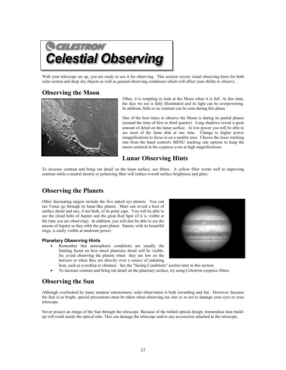 Observing the moon, Lunar observing hints, Observing the planets | Observing the sun | Celestron Advanced Series C6-R User Manual | Page 37 / 69