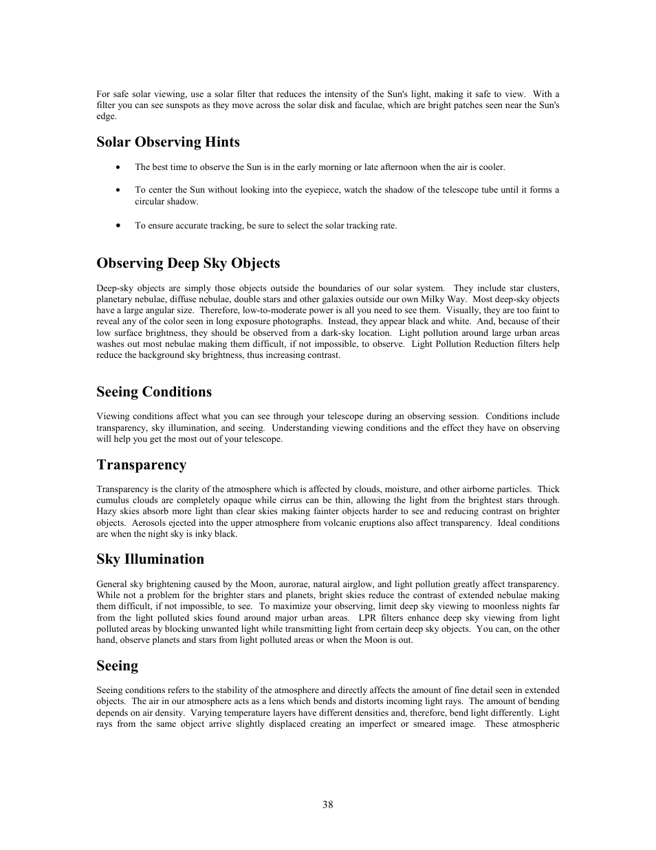 Solar observing hints, Observing deep sky objects, Seeing conditions | Transparency, Sky illumination, Seeing | Celestron Advanced Series C6-R User Manual | Page 38 / 69