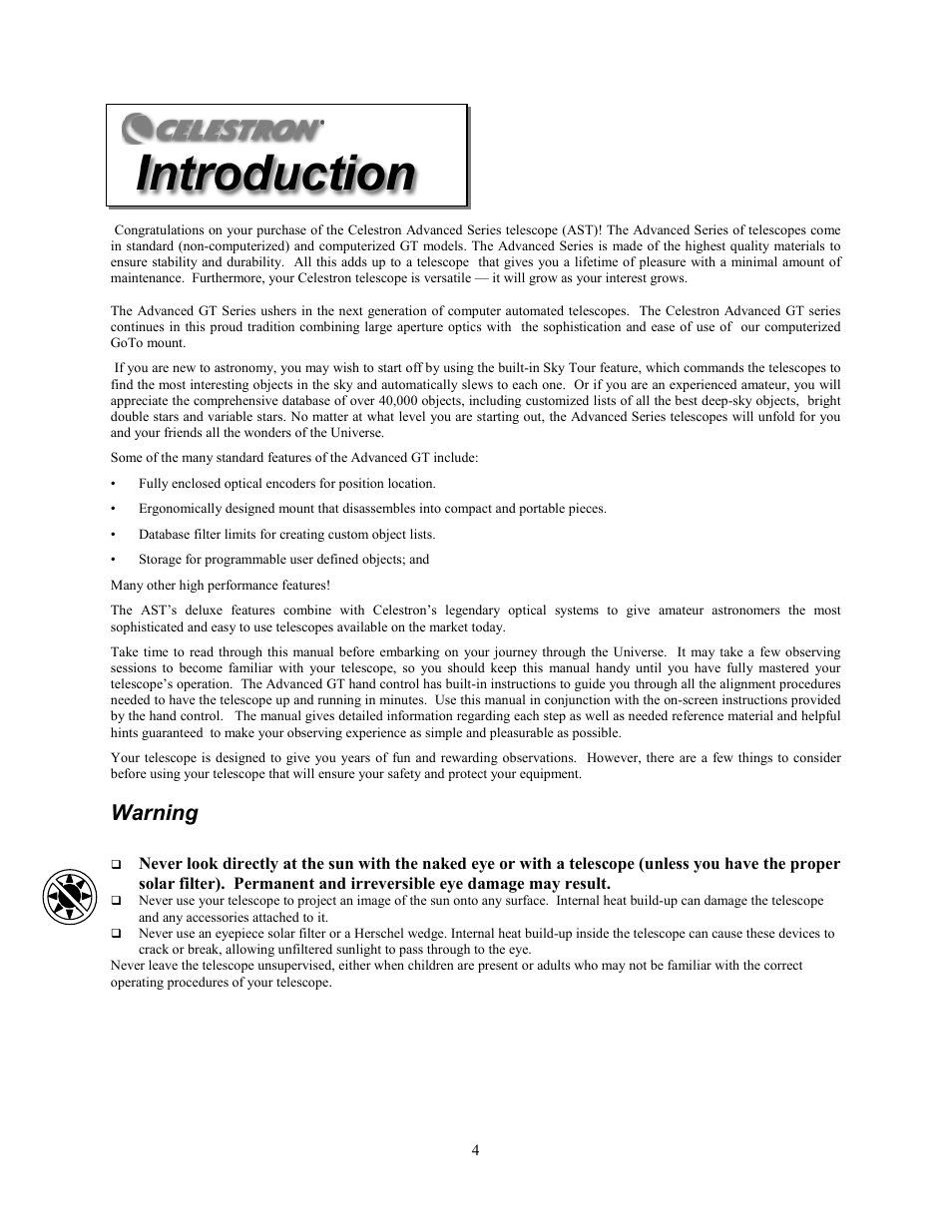 Warning | Celestron Advanced Series C6-R User Manual | Page 4 / 69