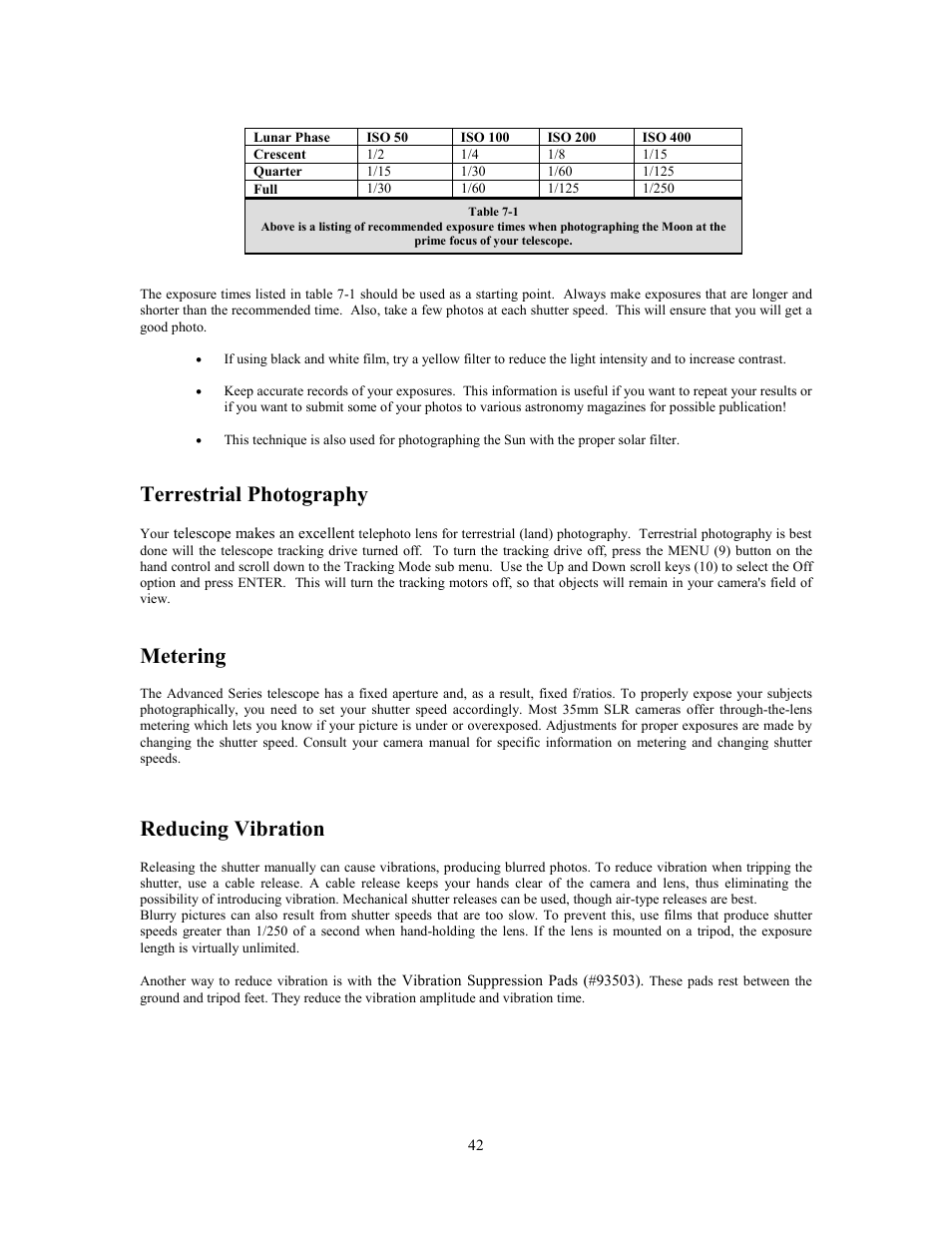 Terrestrial photography, Metering, Reducing vibration | Celestron Advanced Series C6-R User Manual | Page 42 / 69