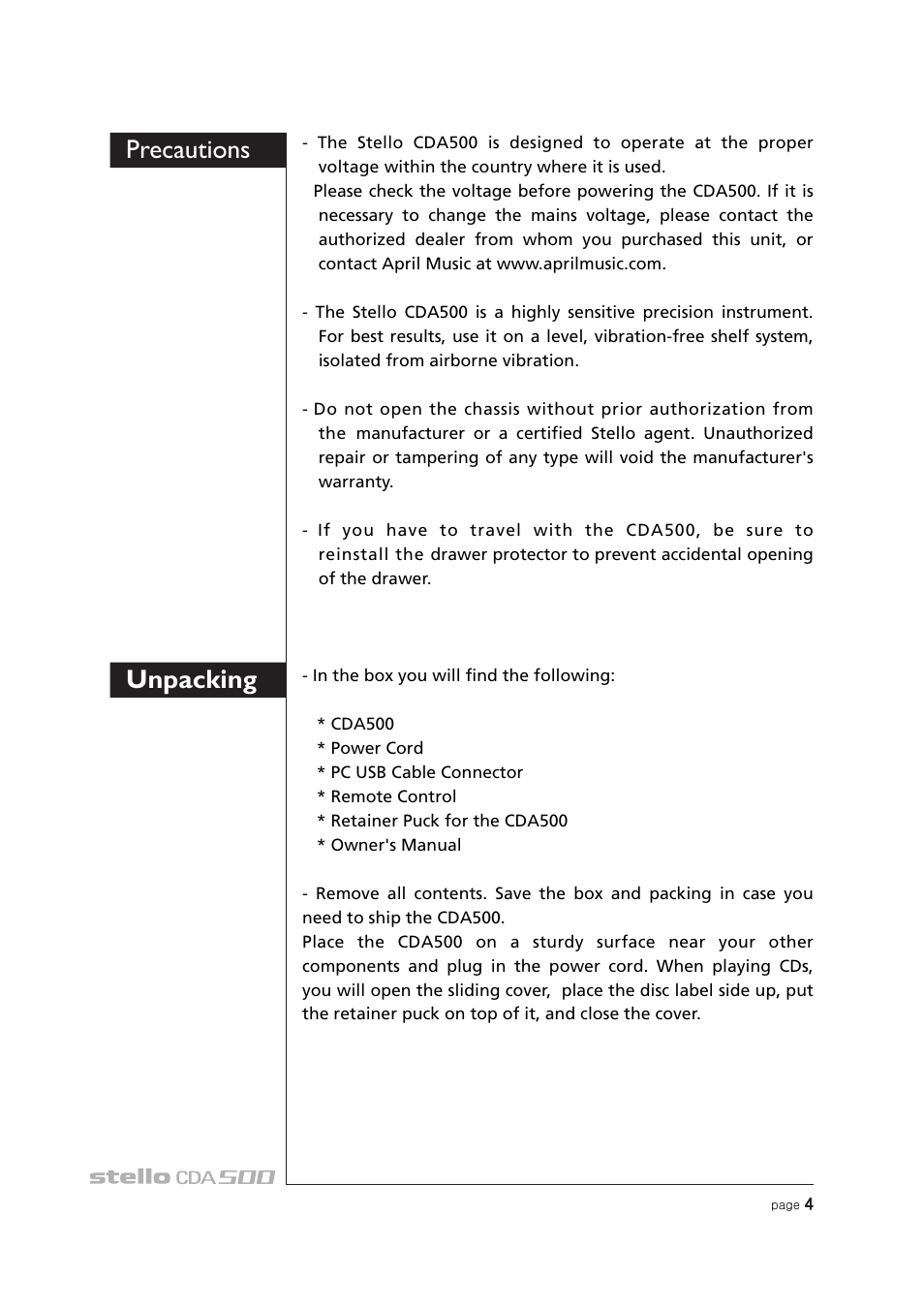 Precautions unpacking | April Music Stello CDA500 User Manual | Page 5 / 14