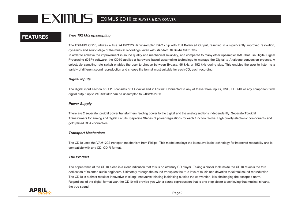 Features | April Music Eximus CD10 User Manual | Page 3 / 7