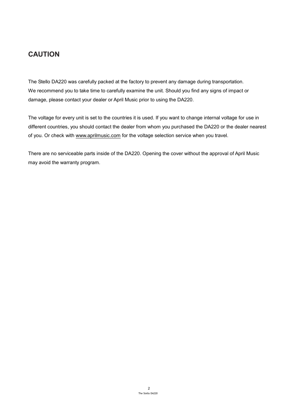Caution | April Music Stello DA220 User Manual | Page 3 / 9