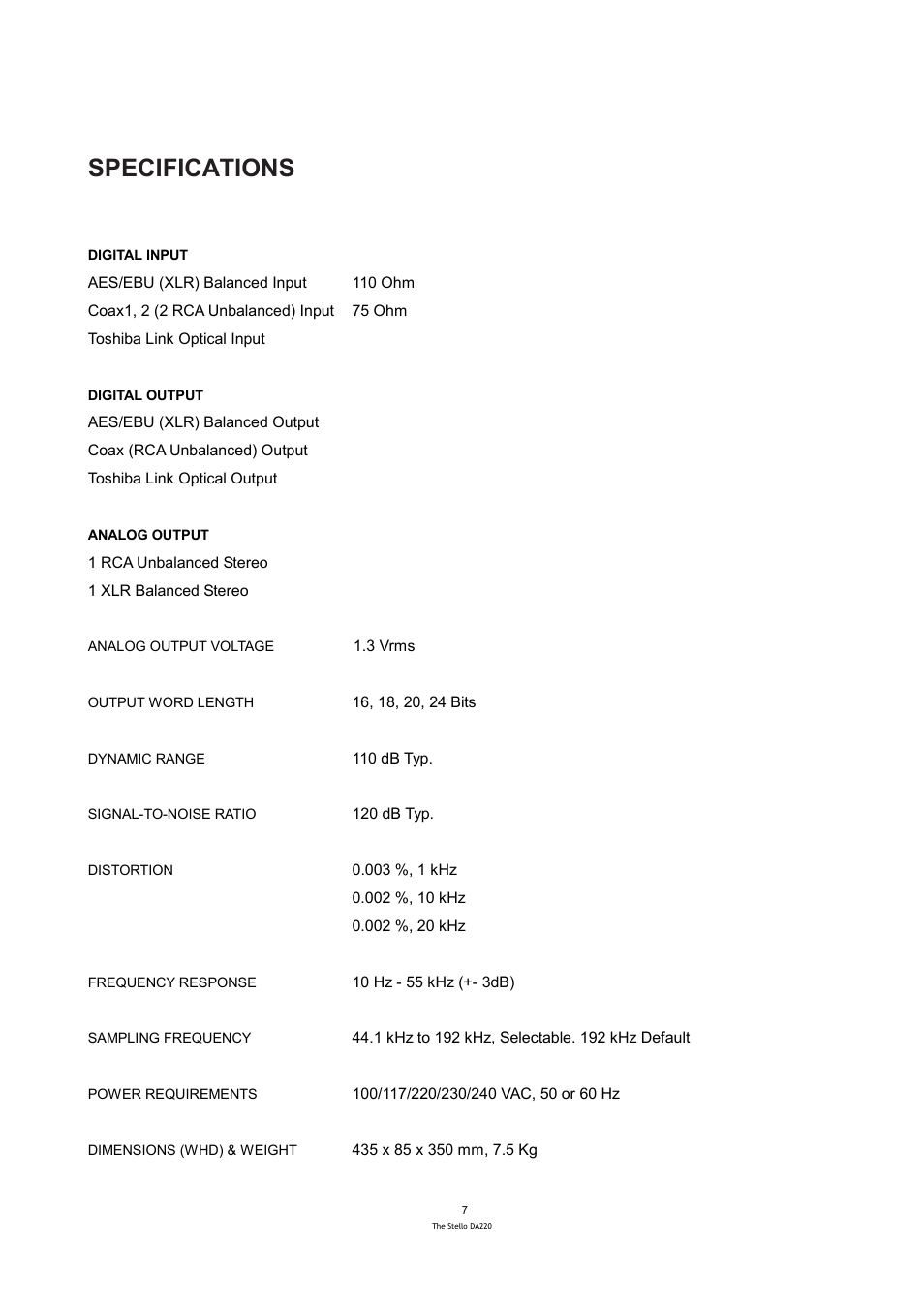 Specifications | April Music Stello DA220 User Manual | Page 8 / 9