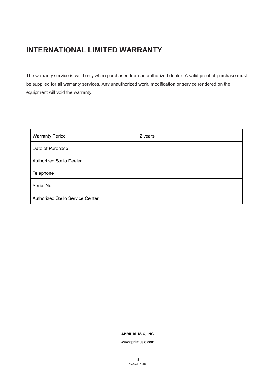 International limited warranty | April Music Stello DA220 User Manual | Page 9 / 9