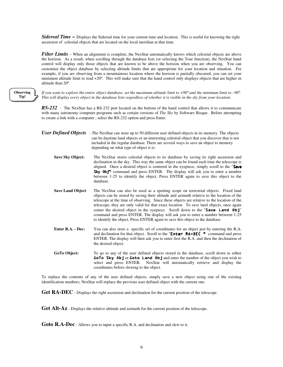 Get ra-dec, Get alt-az, Goto r.a-dec | Celestron NexStar GT User Manual | Page 9 / 13