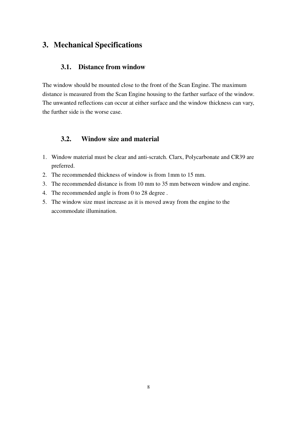 Mechanical specifications, Distance from window, Window size and material | Argox FM201 User Manual | Page 9 / 15