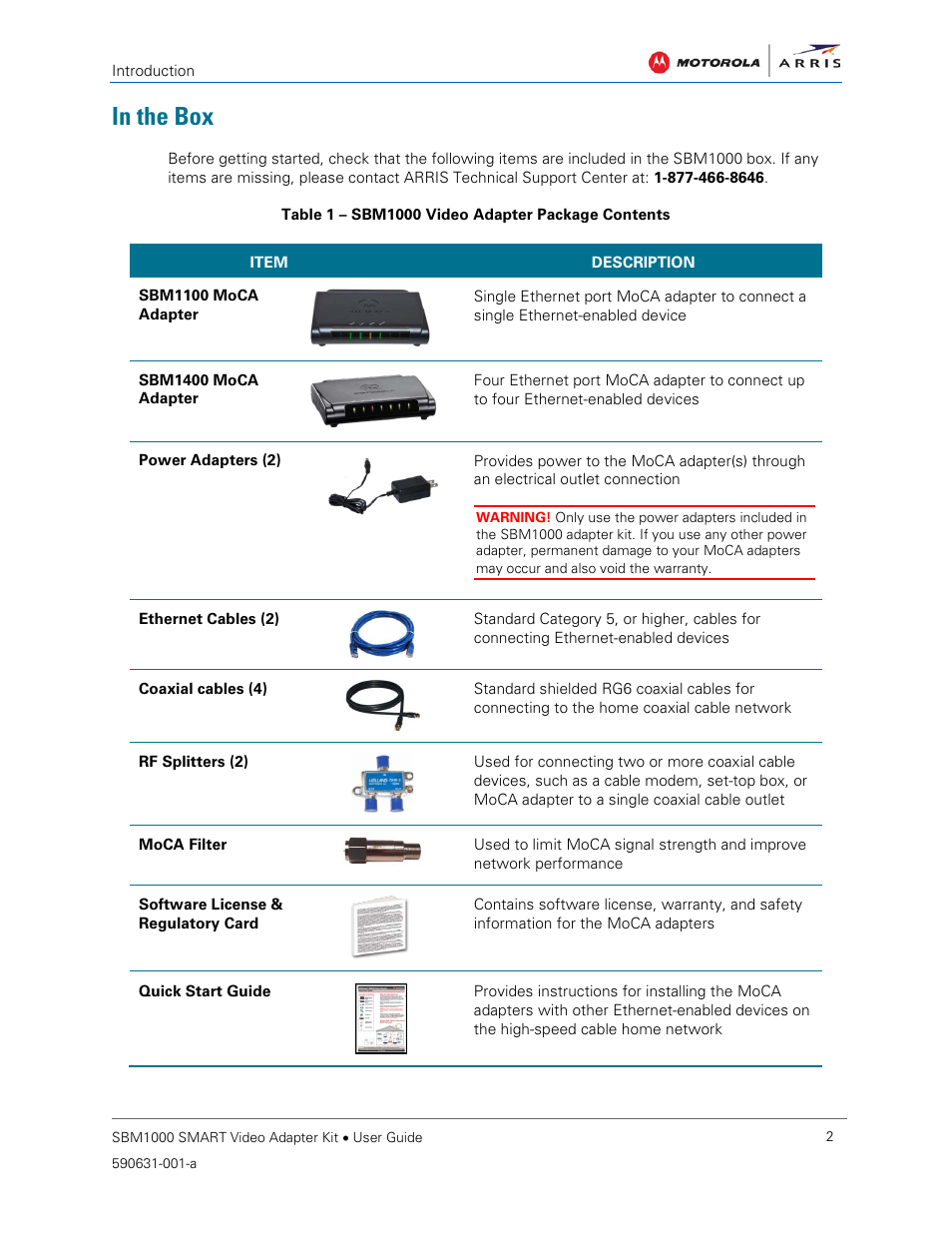 In the box, Table 1 – sbm1000 video adapter package contents | ARRIS SBM1000 User Guide User Manual | Page 10 / 82