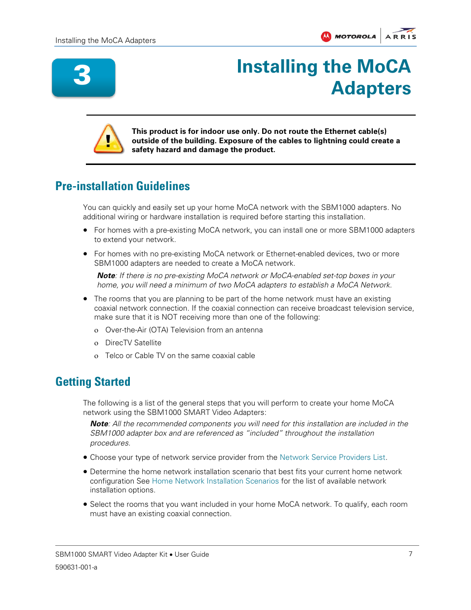 Pre-installation guidelines, Getting started, Installing the moca adapters | ARRIS SBM1000 User Guide User Manual | Page 15 / 82