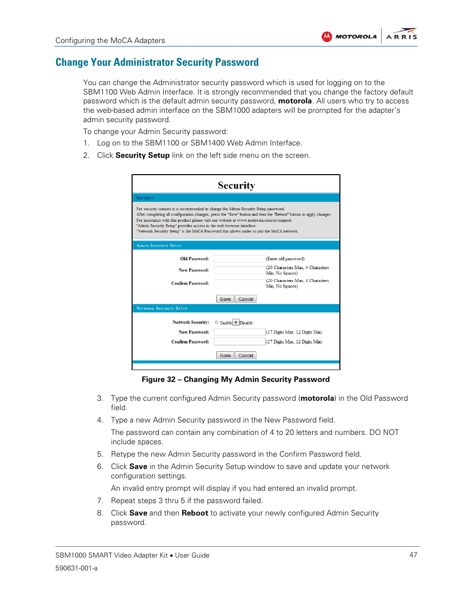 Change your administrator security password, Figure 32 – changing my admin security password | ARRIS SBM1000 User Guide User Manual | Page 55 / 82