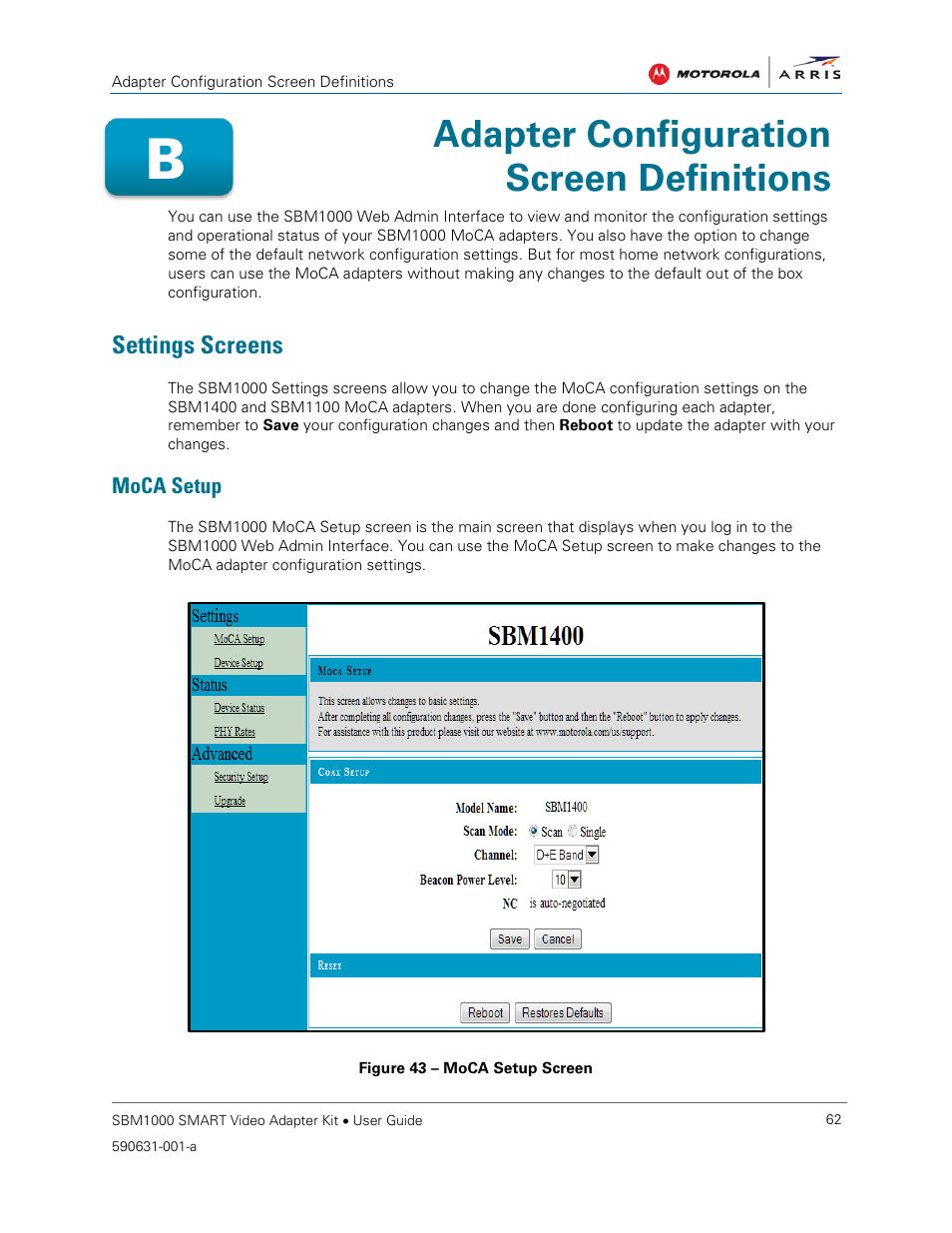 Settings screens, Moca setup, Adapter configuration screen definitions | Figure 43 – moca setup screen | ARRIS SBM1000 User Guide User Manual | Page 70 / 82