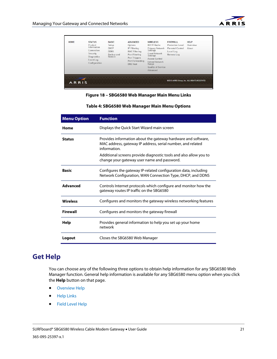 Get help, Table 4: sbg6580 web manager main menu options, Figure 18 – sbg6580 web manager main menu links | ARRIS SBG6580 User Guide User Manual | Page 32 / 74