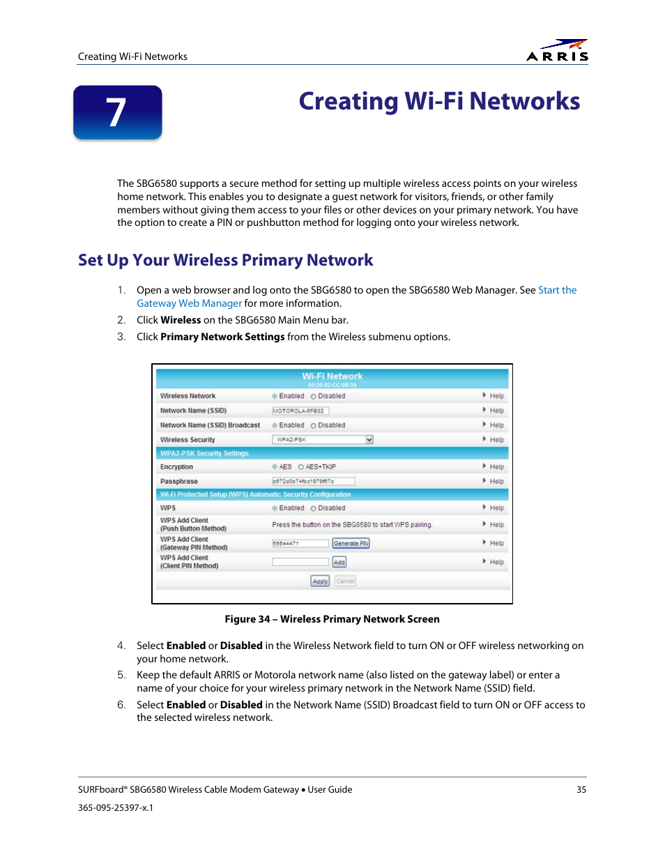 Creating wi-fi networks, Set up your wireless primary network, Figure 34 – wireless primary network screen | ARRIS SBG6580 User Guide User Manual | Page 46 / 74