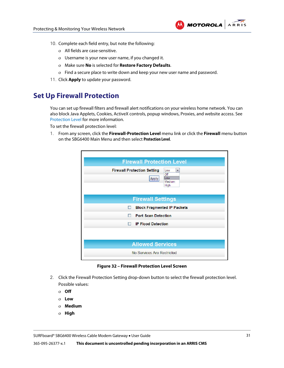 Set up firewall protection, Figure 32 – firewall protection level screen | ARRIS SBG6400 User Guide User Manual | Page 40 / 59