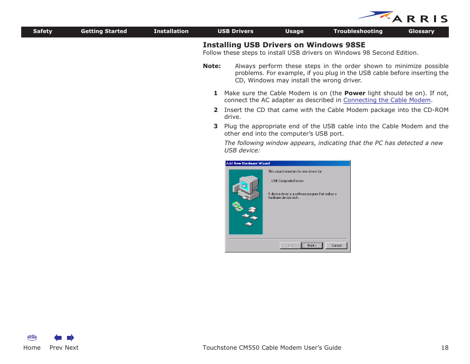 Installing usb drivers on windows 98se, Home, Prev next | Touchstone cm550 cable modem user’s guide | ARRIS CM550 User Manual | Page 18 / 40