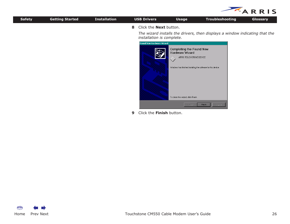 Home, Prev next, Touchstone cm550 cable modem user’s guide | ARRIS CM550 User Manual | Page 26 / 40
