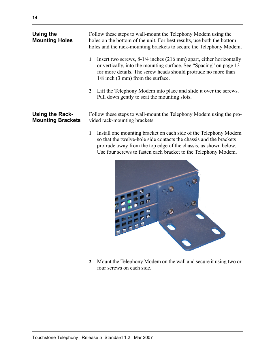 Using the mounting holes, Using the rack- mounting brackets, Using the rack-mounting brackets | ARRIS TM508 Installation Guide User Manual | Page 24 / 42