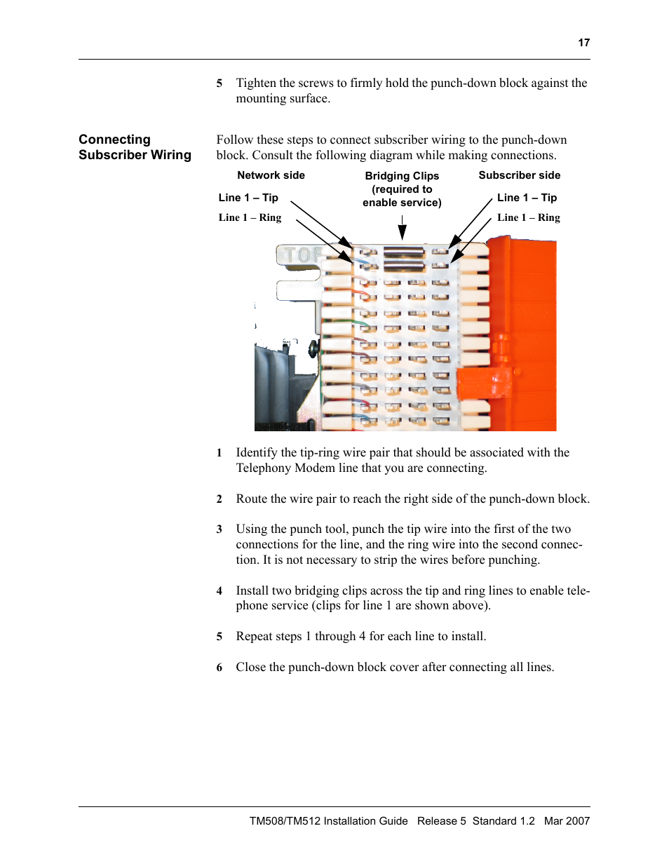 Connecting subscriber wiring, Connecting subscriber wiring 17 | ARRIS TM508 Installation Guide User Manual | Page 27 / 42