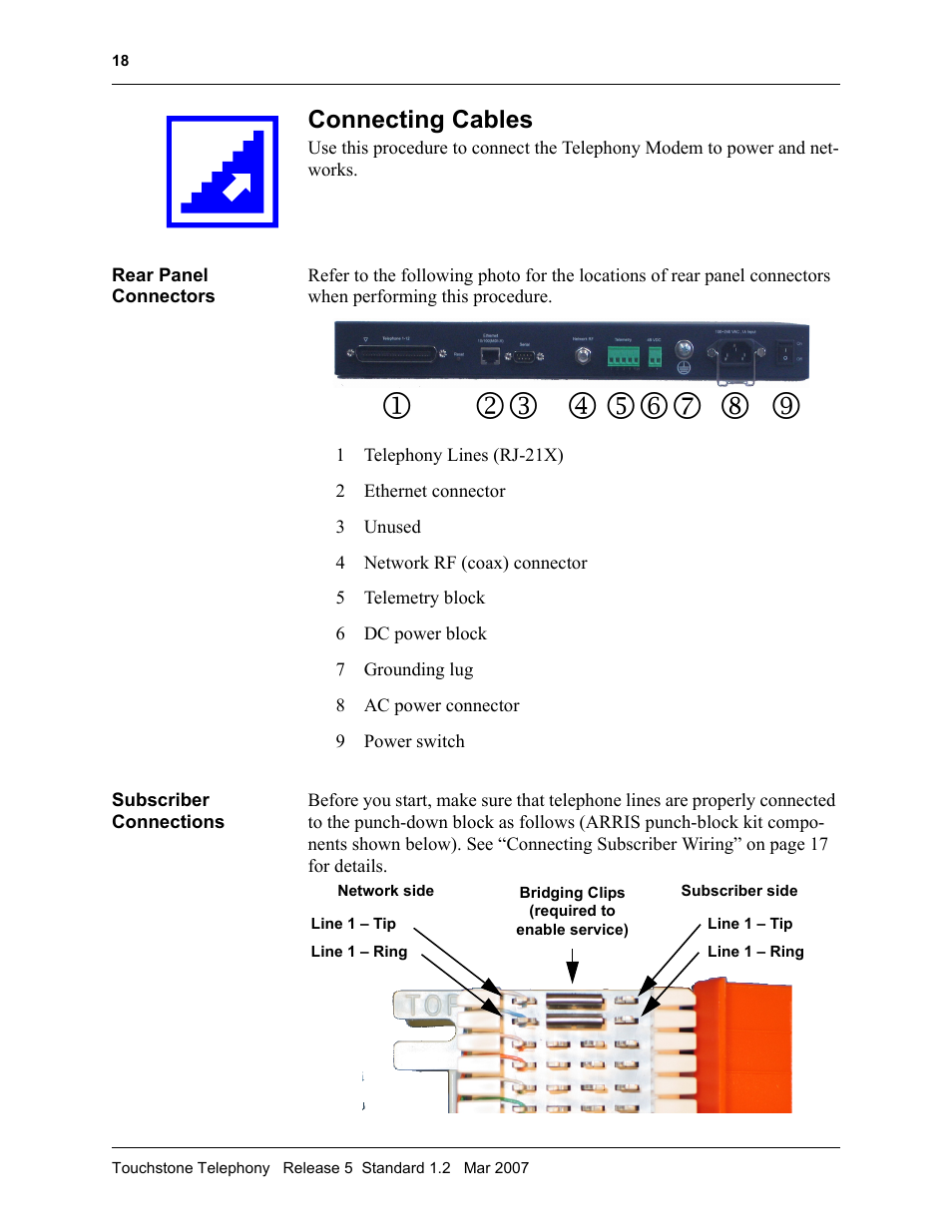 Connecting cables, Rear panel connectors, Subscriber connections | Procedure: connecting cables 18 | ARRIS TM508 Installation Guide User Manual | Page 28 / 42