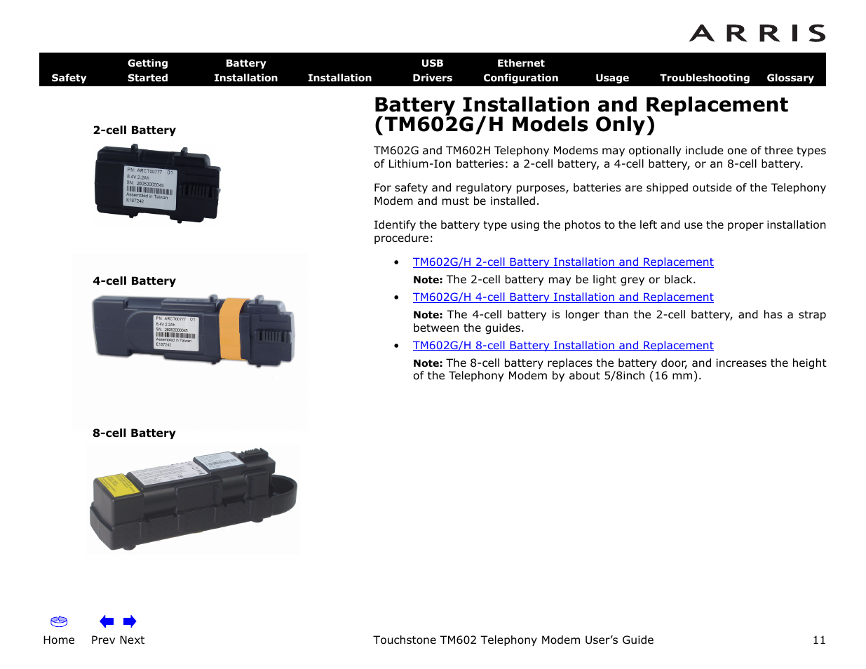 Nstallation, Installat, Home | Prev next, Touchstone tm602 telephony modem user’s guide | ARRIS TM602 User Guide User Manual | Page 11 / 74