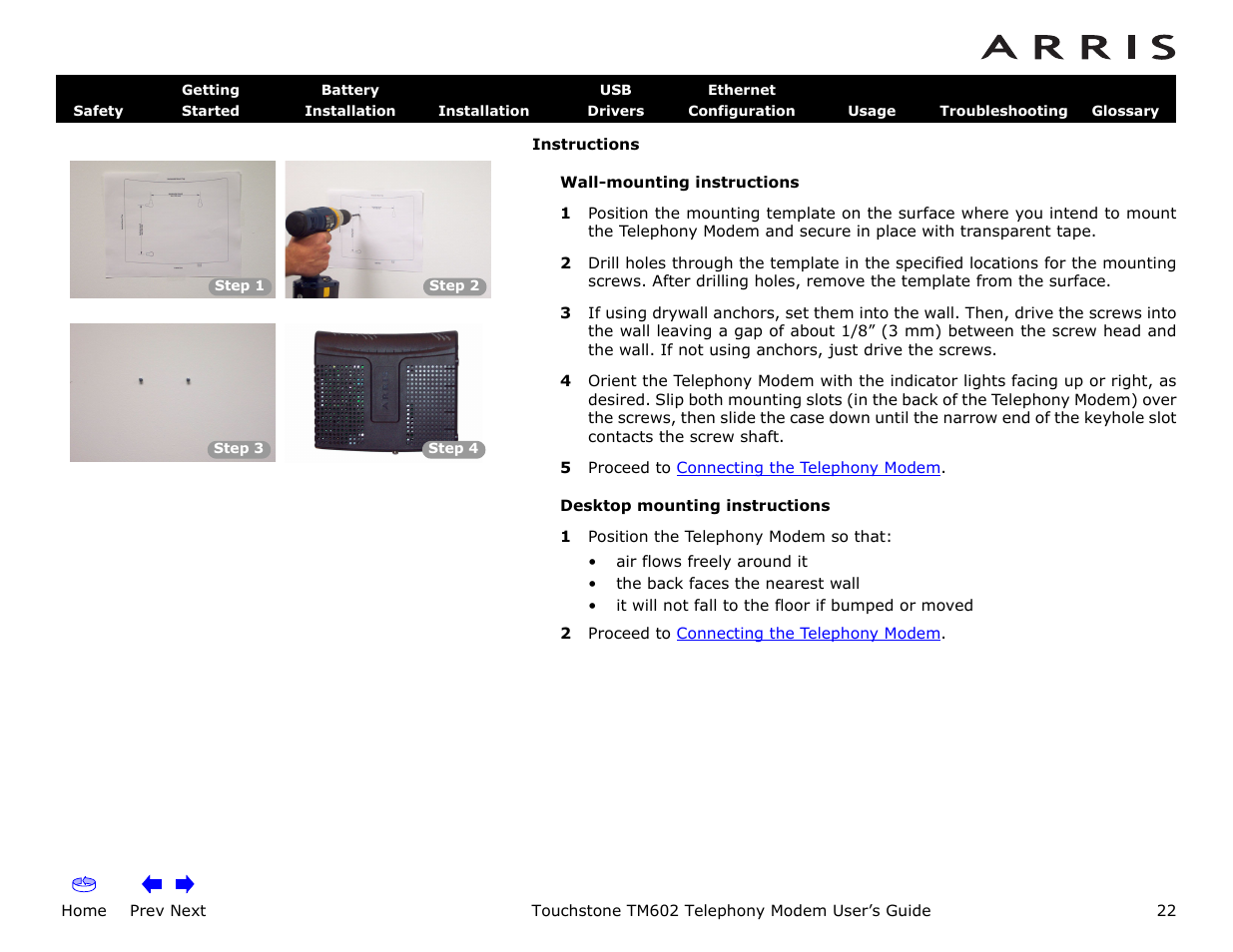 Home, Prev next, Touchstone tm602 telephony modem user’s guide | ARRIS TM602 User Guide User Manual | Page 22 / 74