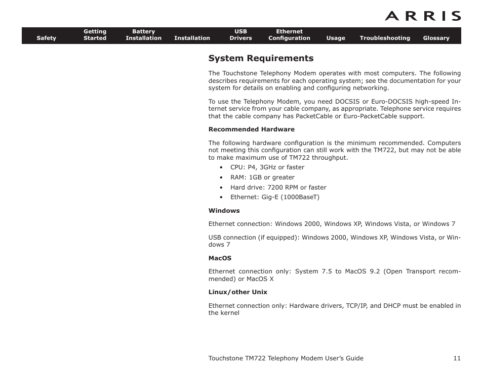System requirements, Recommended hardware, Windows | Macos, Linux/other unix, What’s on the cd, Items you need, Getting service | ARRIS TM722G-CT User Guide User Manual | Page 11 / 73