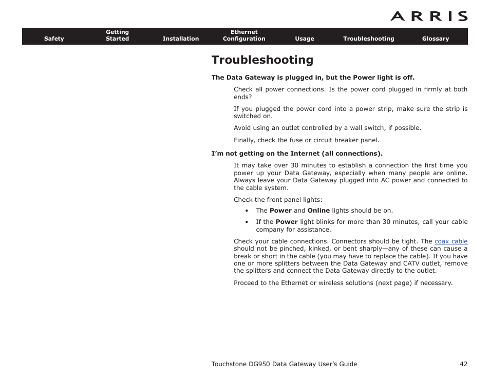 Troubleshooting, Trou, Bleshooting | ARRIS DG950 User Guide User Manual | Page 42 / 49