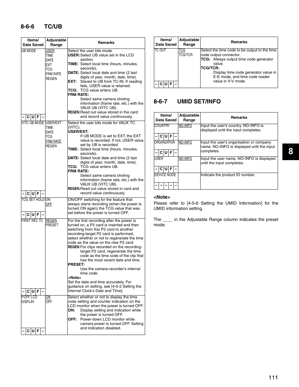 6-6 tc/ub, 6-7 umid set/info, Tc/ub | Umid set/info | Panasonic SPX900 User Manual | Page 111 / 118