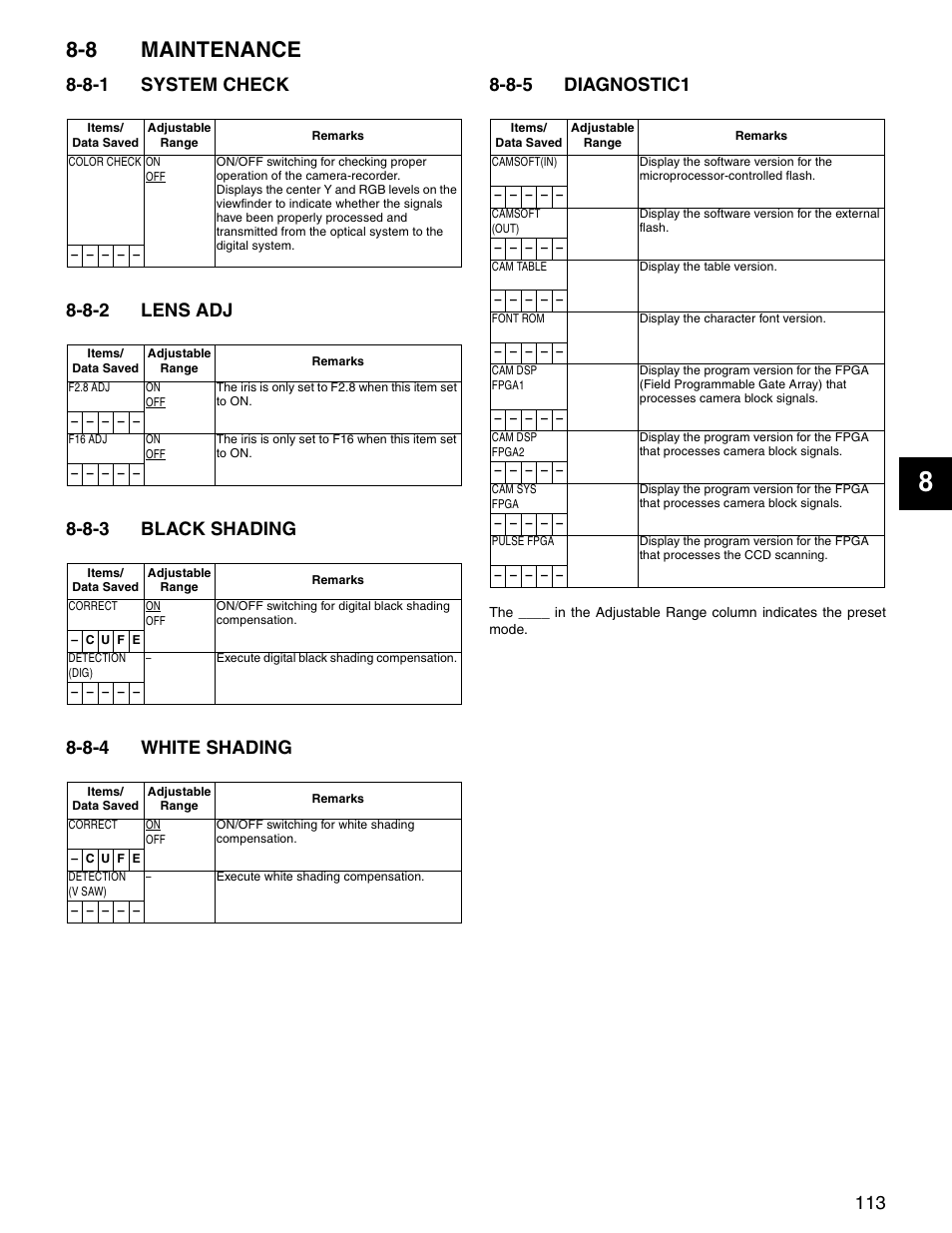 8 maintenance, 8-1 system check, 8-2 lens adj | 8-3 black shading, 8-4 white shading, 8-5 diagnostic1, Maintenance, System check, Lens adj, Black shading | Panasonic SPX900 User Manual | Page 113 / 118