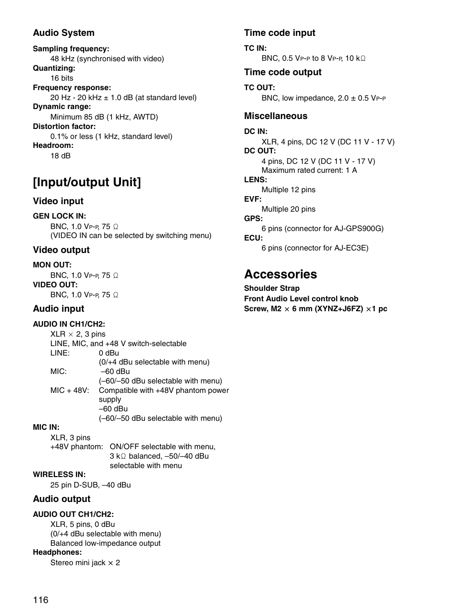 Input/output unit, Accessories | Panasonic SPX900 User Manual | Page 116 / 118