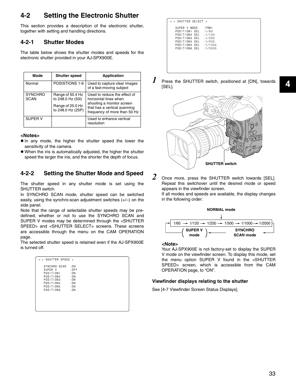 2 setting the electronic shutter, 2-1 shutter modes, 2-2 setting the shutter mode and speed | Setting the electronic shutter, Shutter modes, Setting the shutter mode and speed | Panasonic SPX900 User Manual | Page 33 / 118