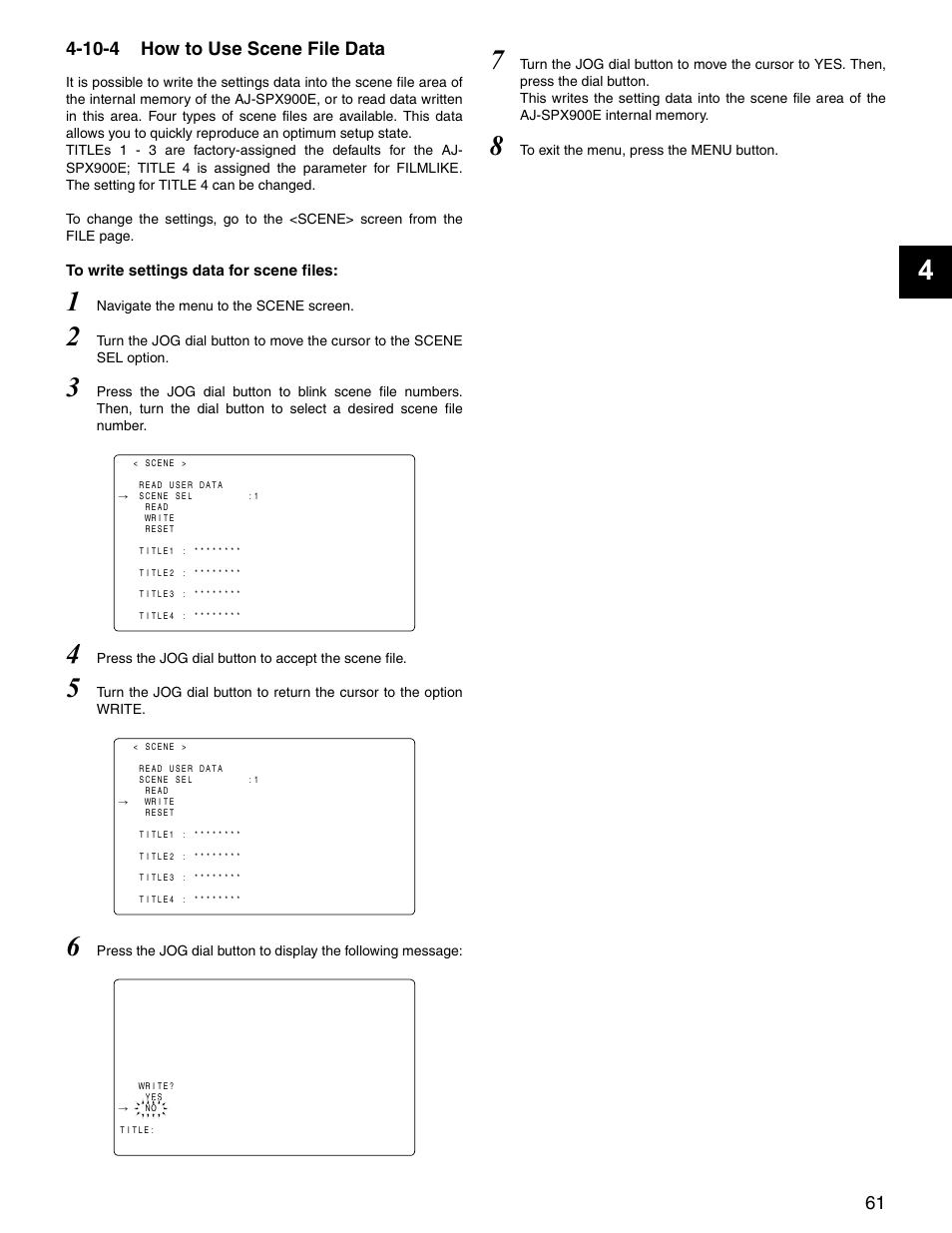 10-4 how to use scene file data, How to use scene file data | Panasonic SPX900 User Manual | Page 61 / 118