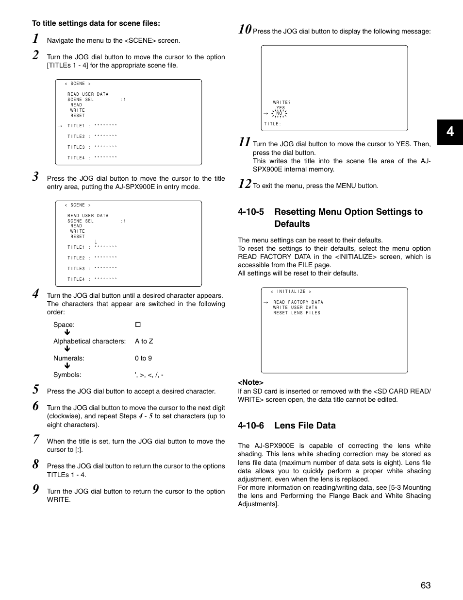 10-5 resetting menu option settings to defaults, 10-6 lens file data, Resetting menu option settings to defaults | Lens file data | Panasonic SPX900 User Manual | Page 63 / 118