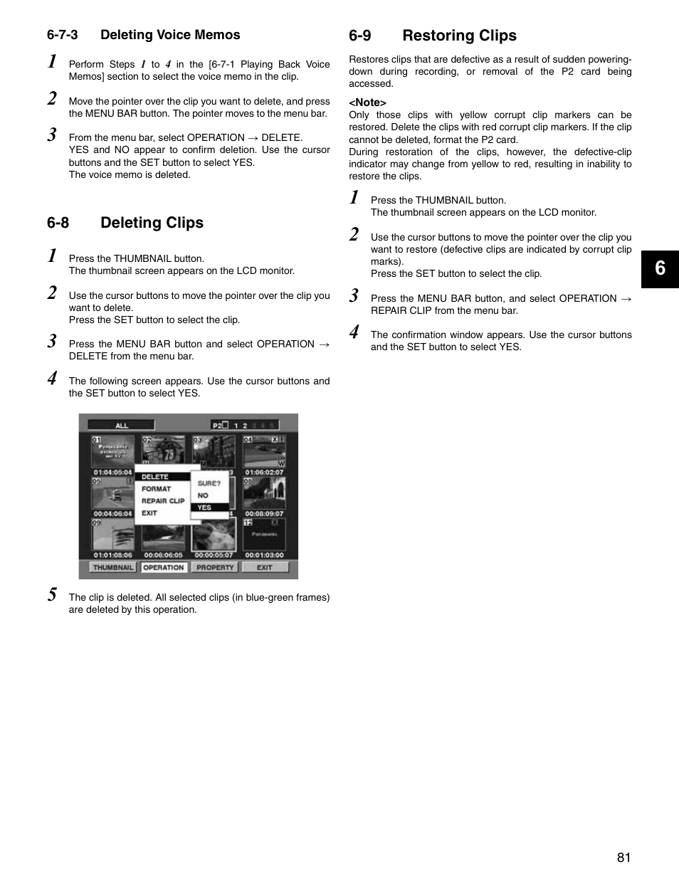 7-3 deleting voice memos, 8 deleting clips, 9 restoring clips | Deleting voice memos, Deleting clips, Restoring clips, 9 restoring clips] f | Panasonic SPX900 User Manual | Page 81 / 118