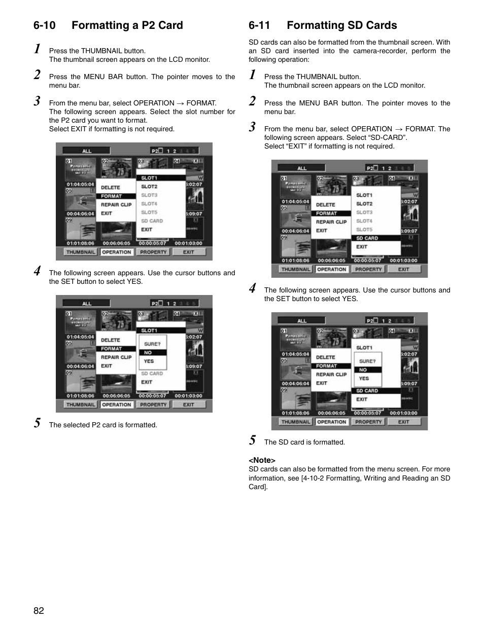 10 formatting a p2 card, 11 formatting sd cards, Formatting a p2 card | Formatting sd cards | Panasonic SPX900 User Manual | Page 82 / 118