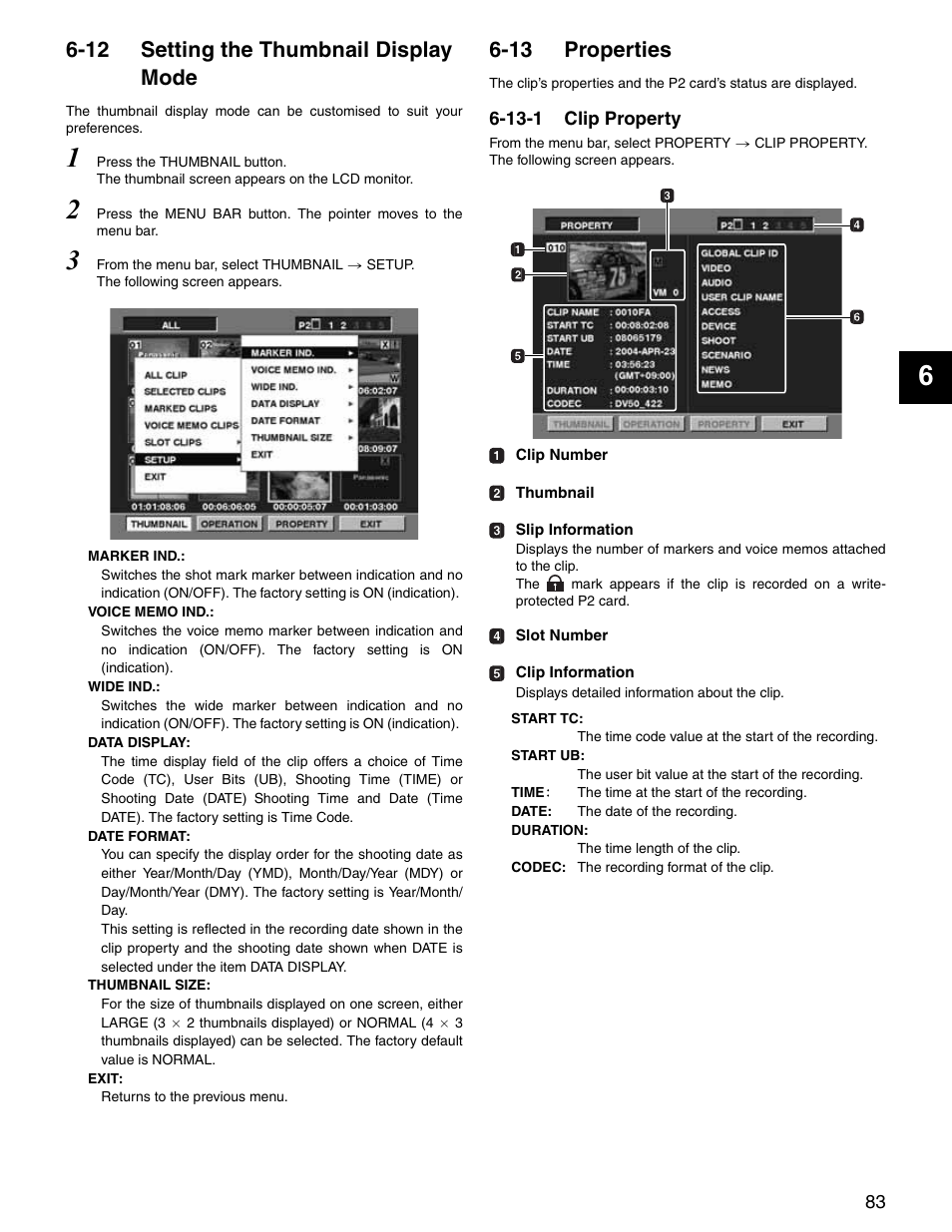 12 setting the thumbnail display mode, 13 properties, 13-1 clip property | Setting the thumbnail display mode, Properties, Clip property, R to [6-12 setting the thumbnail display mode | Panasonic SPX900 User Manual | Page 83 / 118