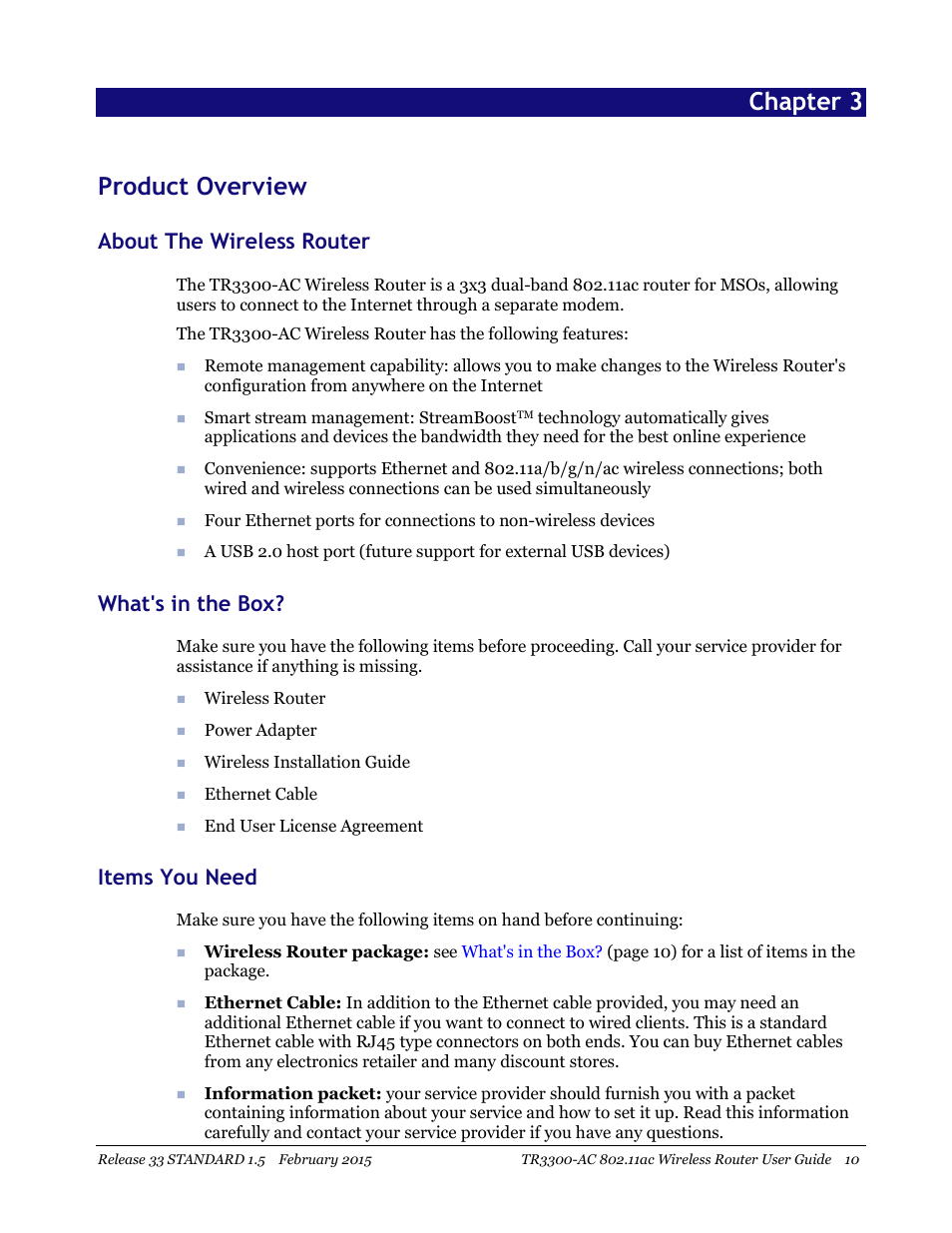 Product overview, Chapter 3 product overview, About the wireless router | What's in the box, Items you need | ARRIS TR3300-AC Users Guide User Manual | Page 10 / 64