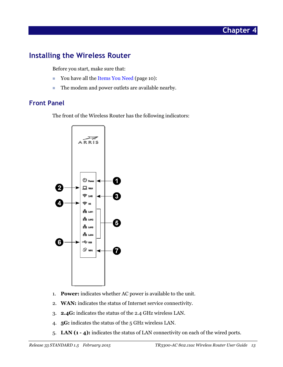 Installing the wireless router, Front panel, Chapter 4 installing the wireless router | ARRIS TR3300-AC Users Guide User Manual | Page 13 / 64